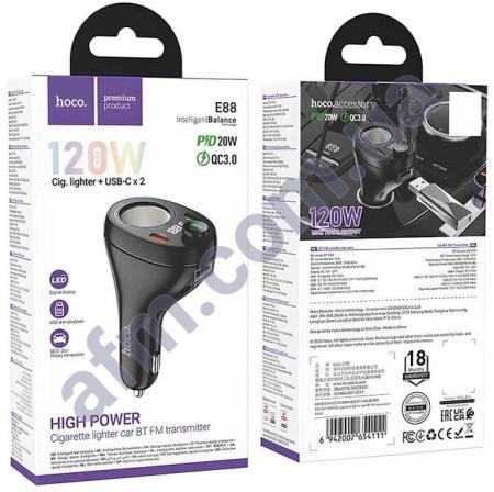 FM модулятор Hoco E88 120W PD20W + QC3.0 2Type-C + дисплей чорний