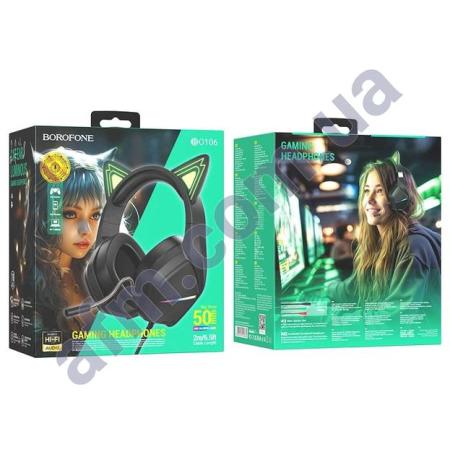 Навушники Borofone BO106 игровые Cute Cat зелена підсвічування чорні