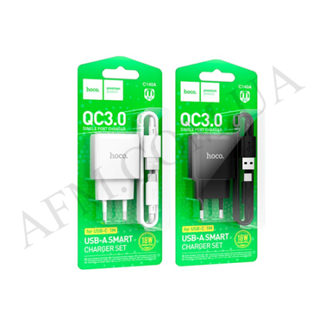 СЗУ блок Hoco C140A QC3.0 (1USB/ 3.0A) + кабель Type-C білий