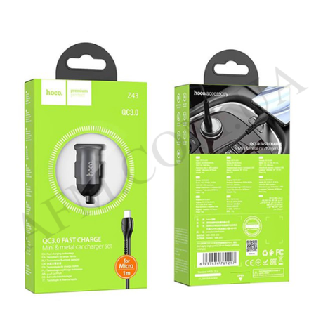 АЗП блок Hoco Z43 QC3.0 (1USB/ 18W) + кабель Micro USB чорний