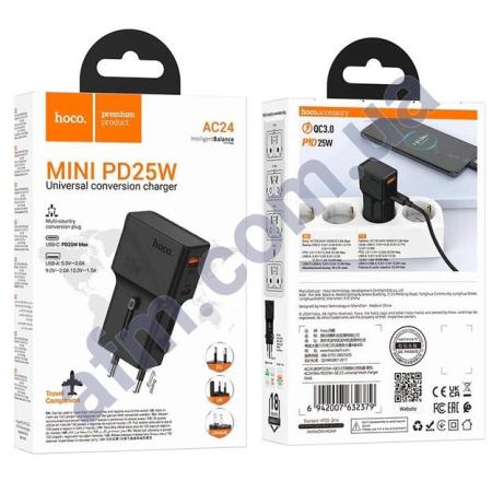 СЗУ блок Hoco AC24 Mini Universal Travel PD25W+QC3.0 (EU/ US/ UK/ AUS) чорний