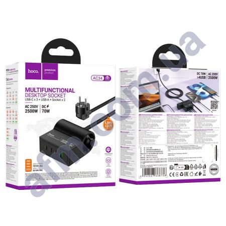 СЗУ блок Hoco AC34 PD70W (USB/ 3Type-C/ 2розетки) 1.5м чорний