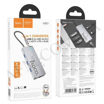 USB HUB Hoco HB51 6в1 (HDTV+RJ45+PD+USB3.0*3) темно-серый