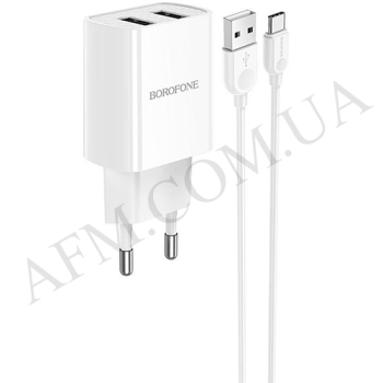 СЗУ блок Borofone BA53A (2USB/ 2.1A) + кабель Type-C білий
