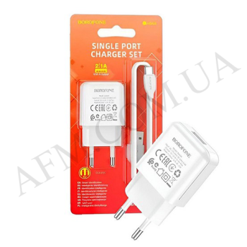 СЗУ блок Borofone BA64A (1USB/ 2.1A) + кабель Type-C білий