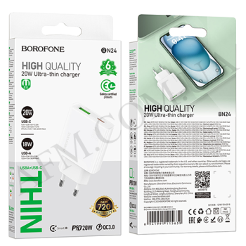 СЗУ блок Borofone BN24 PD20W + QC3.0 (1USB/ 1Type-C/ 3A) білий