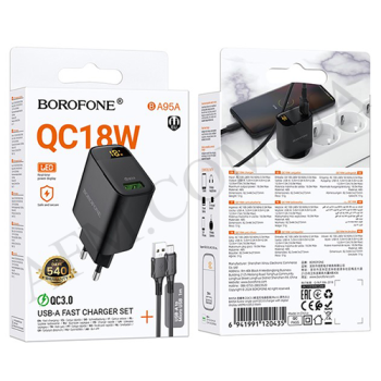 СЗУ блок Borofone BA95A QC3.0 + кабель Micro + дисплей чорний