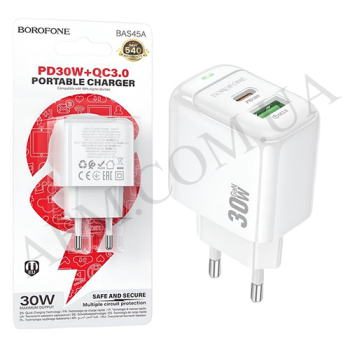 СЗУ блок Borofone BAS45A Gan PD30W + QC3.0 (1USB/ 1Type-C) білий