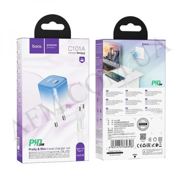 СЗУ блок Hoco C101A PD20W (1 Type-C) голубой + кабель Type-C - Type-C