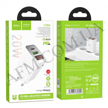 СЗУ блок Hoco C100A PD20W + QC3.0 (1USB/ 1 Type-C/ 3A) + дисплей белый