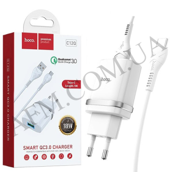 СЗУ блок Hoco C12Q (1USB/ 3A/ QC 3.0/ 18W) + кабель Type-C белый