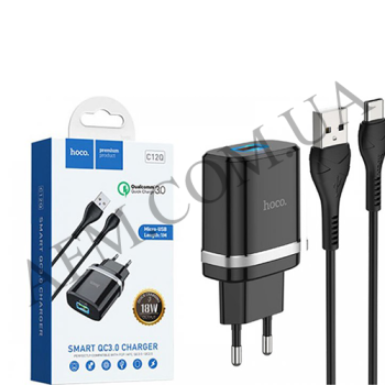 СЗУ блок Hoco C12Q (1USB/ 3A/ QC 3.0/ 18W) + кабель Micro USB чёрный