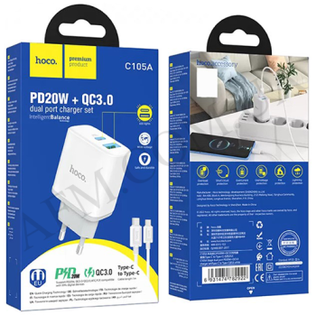 СЗУ блок Hoco C105A + кабель Type-C - Type-C PD20W+QC3.0 білий