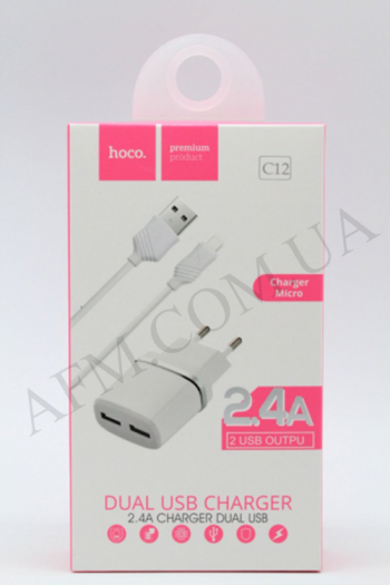 СЗУ блок Hoco C12 Smart (2USB/ 2.4A) + кабель Micro USB белый
