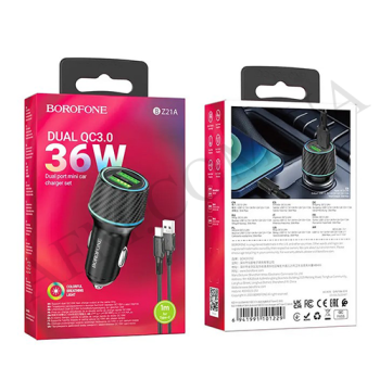 АЗП блок Borofone BZ21A QC3.0 36W (2USB/ 3.0A) + кабель Type-C чорний