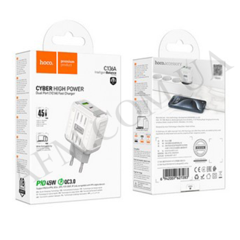 СЗУ блок Hoco C136A (1USB/ 1Type-C/ PD45W) білий