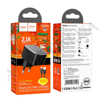 СЗУ блок Hoco CS31A (2 USB/ 2.1A) + кабель Type-C чорний