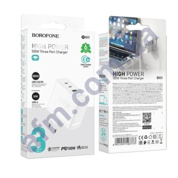 СЗУ блок Borofone BN11 PD100W+QC3.0 22.5W(1USB/ 2Type-C) білий