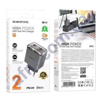 СЗУ блок Borofone BN21 Lena PD40W (2 Type-C) сірий