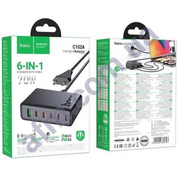 СЗУ подовжувач Hoco C152A PD70W виделка тип З (USB/ 5*Type-C)чорний